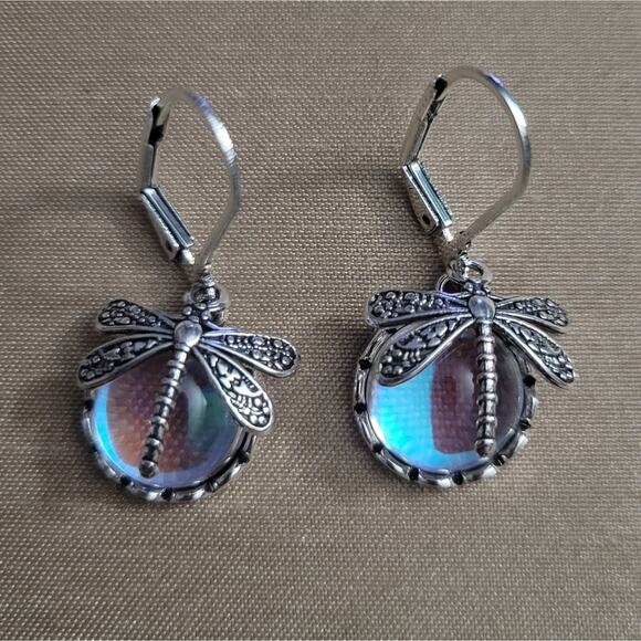 Silver tone and iridescent dragonfly drop earrings - Picture 2 of 3